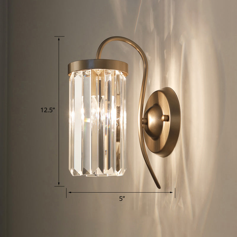 Swan Neck Wall Lamp Modern Metal Wall Sconce Light Fixture with Cylindrical Crystal Shade 1.0 Brass Clearhalo 'Cast Iron' 'Glass' 'Industrial' 'Modern wall lights' 'Modern' 'Tiffany' 'Traditional wall lights' 'Wall Lamps & Sconces' 'Wall Lights' Lighting' 2327280