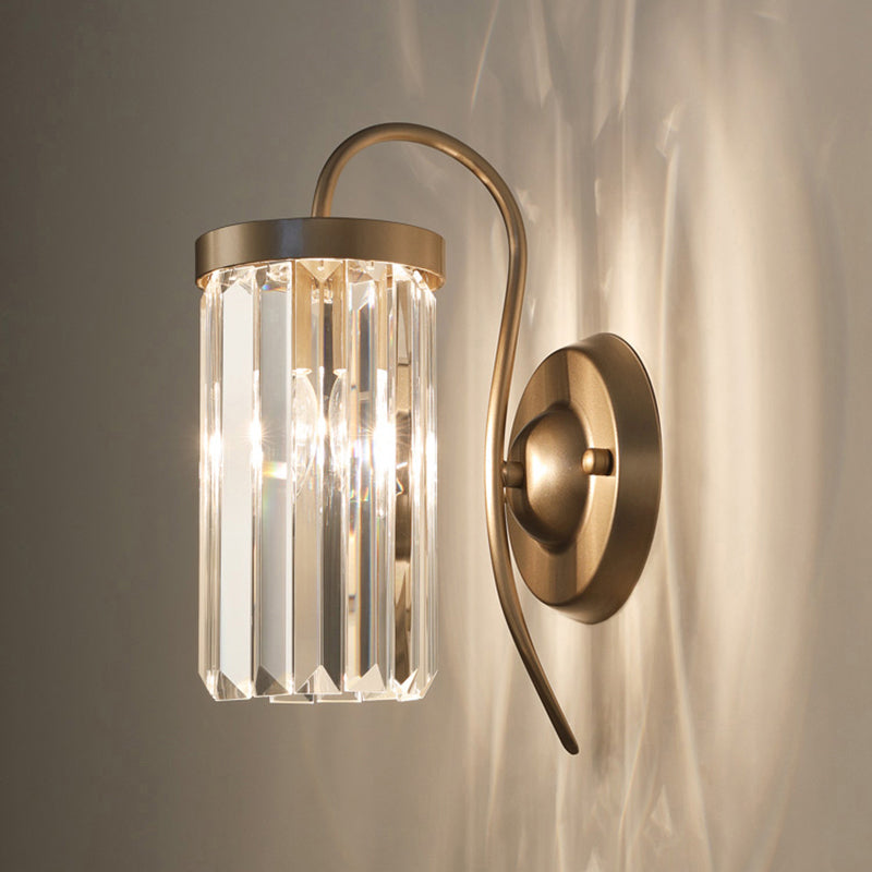 Swan Neck Wall Lamp Modern Metal Wall Sconce Light Fixture with Cylindrical Crystal Shade Clearhalo 'Cast Iron' 'Glass' 'Industrial' 'Modern wall lights' 'Modern' 'Tiffany' 'Traditional wall lights' 'Wall Lamps & Sconces' 'Wall Lights' Lighting' 2327281