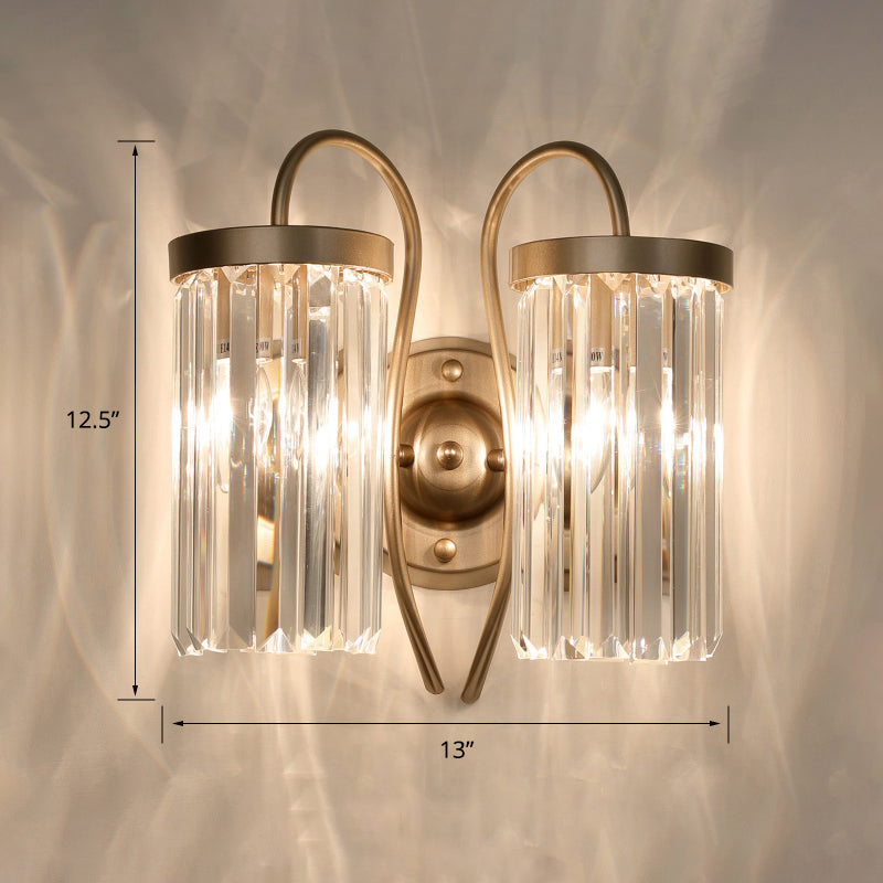 Swan Neck Wall Lamp Modern Metal Wall Sconce Light Fixture with Cylindrical Crystal Shade 2.0 Brass Clearhalo 'Cast Iron' 'Glass' 'Industrial' 'Modern wall lights' 'Modern' 'Tiffany' 'Traditional wall lights' 'Wall Lamps & Sconces' 'Wall Lights' Lighting' 2327282