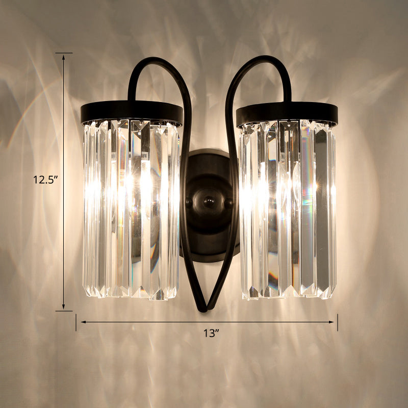 Swan Neck Wall Lamp Modern Metal Wall Sconce Light Fixture with Cylindrical Crystal Shade 2.0 Black Clearhalo 'Cast Iron' 'Glass' 'Industrial' 'Modern wall lights' 'Modern' 'Tiffany' 'Traditional wall lights' 'Wall Lamps & Sconces' 'Wall Lights' Lighting' 2327283