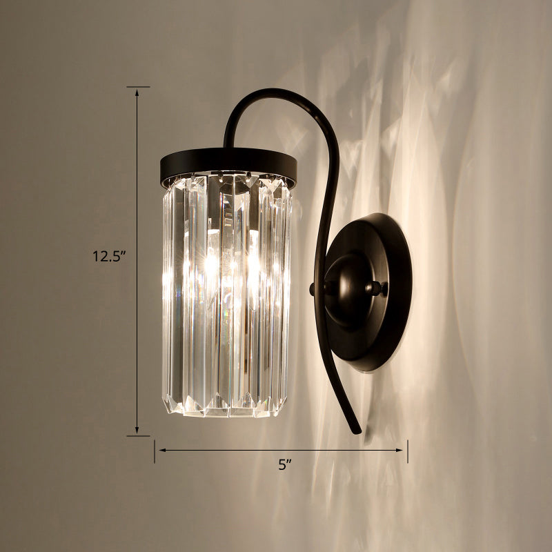 Swan Neck Wall Lamp Modern Metal Wall Sconce Light Fixture with Cylindrical Crystal Shade 1.0 Black Clearhalo 'Cast Iron' 'Glass' 'Industrial' 'Modern wall lights' 'Modern' 'Tiffany' 'Traditional wall lights' 'Wall Lamps & Sconces' 'Wall Lights' Lighting' 2327284
