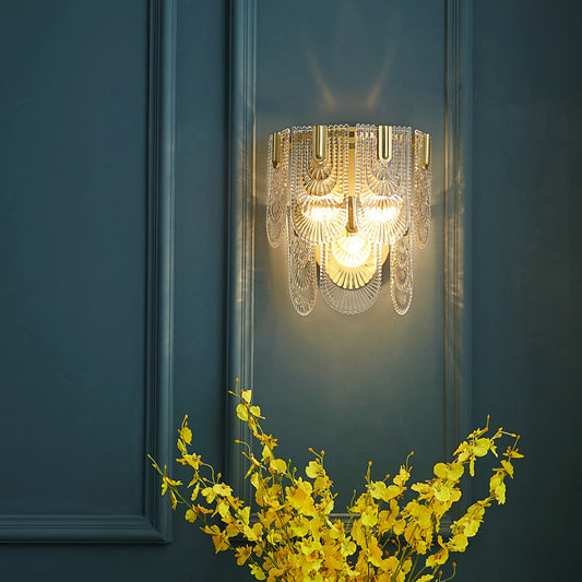 2-Layer Wall Mounted Lamp Modern Carved Glass 3-Light Gold Wall Sconce for Living Room Clearhalo 'Cast Iron' 'Glass' 'Industrial' 'Modern wall lights' 'Modern' 'Tiffany' 'Traditional wall lights' 'Wall Lamps & Sconces' 'Wall Lights' Lighting' 2327297