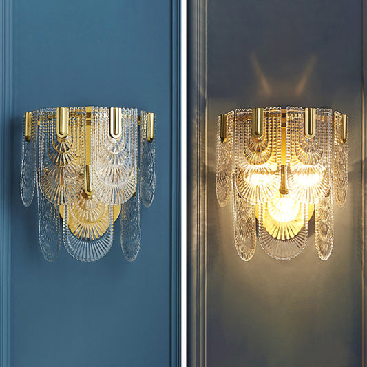 2-Layer Wall Mounted Lamp Modern Carved Glass 3-Light Gold Wall Sconce for Living Room Clearhalo 'Cast Iron' 'Glass' 'Industrial' 'Modern wall lights' 'Modern' 'Tiffany' 'Traditional wall lights' 'Wall Lamps & Sconces' 'Wall Lights' Lighting' 2327299