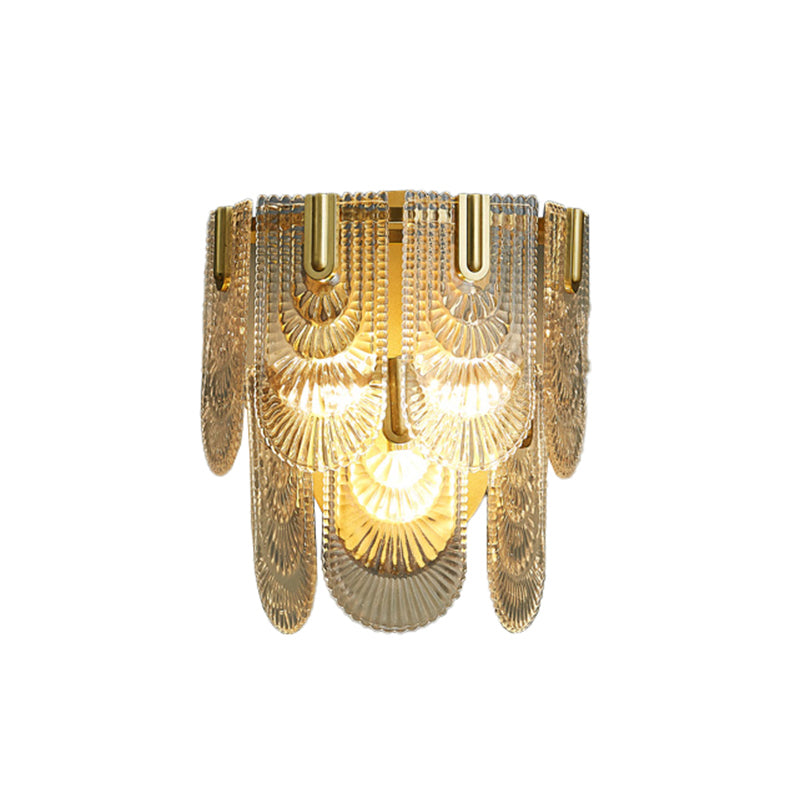 2-Layer Wall Mounted Lamp Modern Carved Glass 3-Light Gold Wall Sconce for Living Room Clearhalo 'Cast Iron' 'Glass' 'Industrial' 'Modern wall lights' 'Modern' 'Tiffany' 'Traditional wall lights' 'Wall Lamps & Sconces' 'Wall Lights' Lighting' 2327300