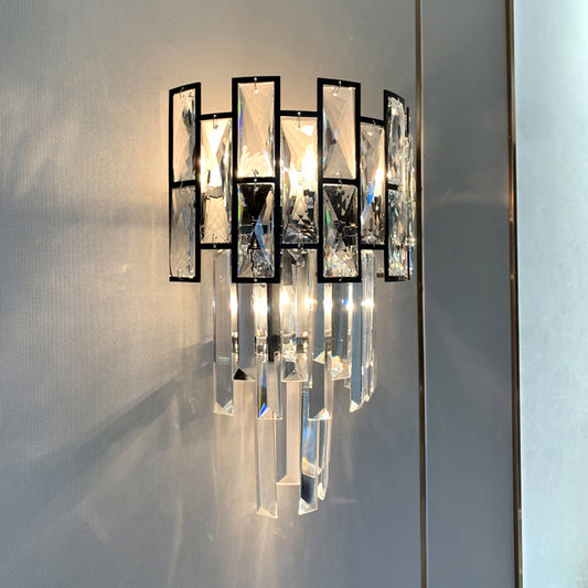 Tiered Crystal Prism Wall Lighting Minimalistic 3 Lights Sconce Fixture for Living Room Black Clearhalo 'Cast Iron' 'Glass' 'Industrial' 'Modern wall lights' 'Modern' 'Tiffany' 'Traditional wall lights' 'Wall Lamps & Sconces' 'Wall Lights' Lighting' 2327310