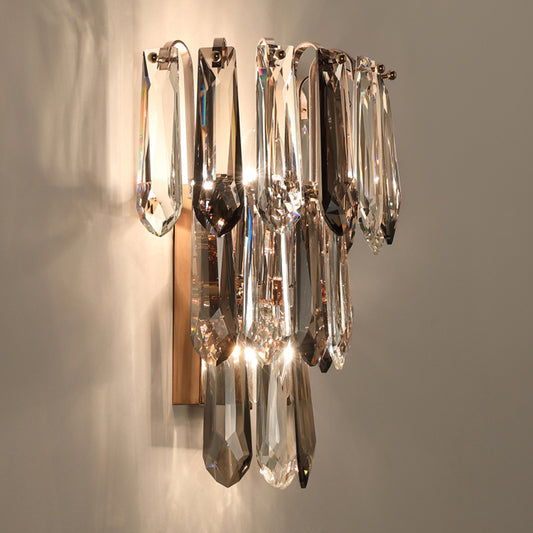 Clear and Smoke Crystal Tiers Sconce Light Simplicity 3-Head Wall Mount Light for Hallway Clearhalo 'Cast Iron' 'Glass' 'Industrial' 'Modern wall lights' 'Modern' 'Tiffany' 'Traditional wall lights' 'Wall Lamps & Sconces' 'Wall Lights' Lighting' 2327312