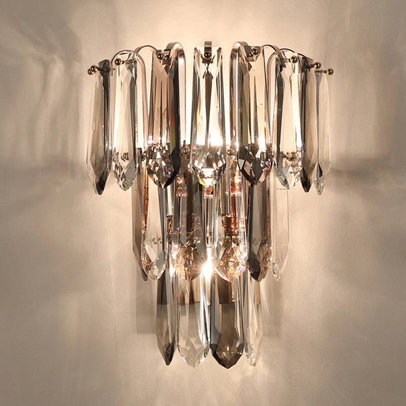 Clear and Smoke Crystal Tiers Sconce Light Simplicity 3-Head Wall Mount Light for Hallway Clearhalo 'Cast Iron' 'Glass' 'Industrial' 'Modern wall lights' 'Modern' 'Tiffany' 'Traditional wall lights' 'Wall Lamps & Sconces' 'Wall Lights' Lighting' 2327314