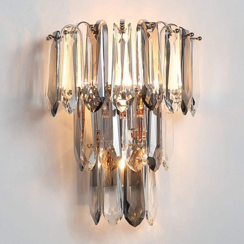 Clear and Smoke Crystal Tiers Sconce Light Simplicity 3-Head Wall Mount Light for Hallway Clearhalo 'Cast Iron' 'Glass' 'Industrial' 'Modern wall lights' 'Modern' 'Tiffany' 'Traditional wall lights' 'Wall Lamps & Sconces' 'Wall Lights' Lighting' 2327315