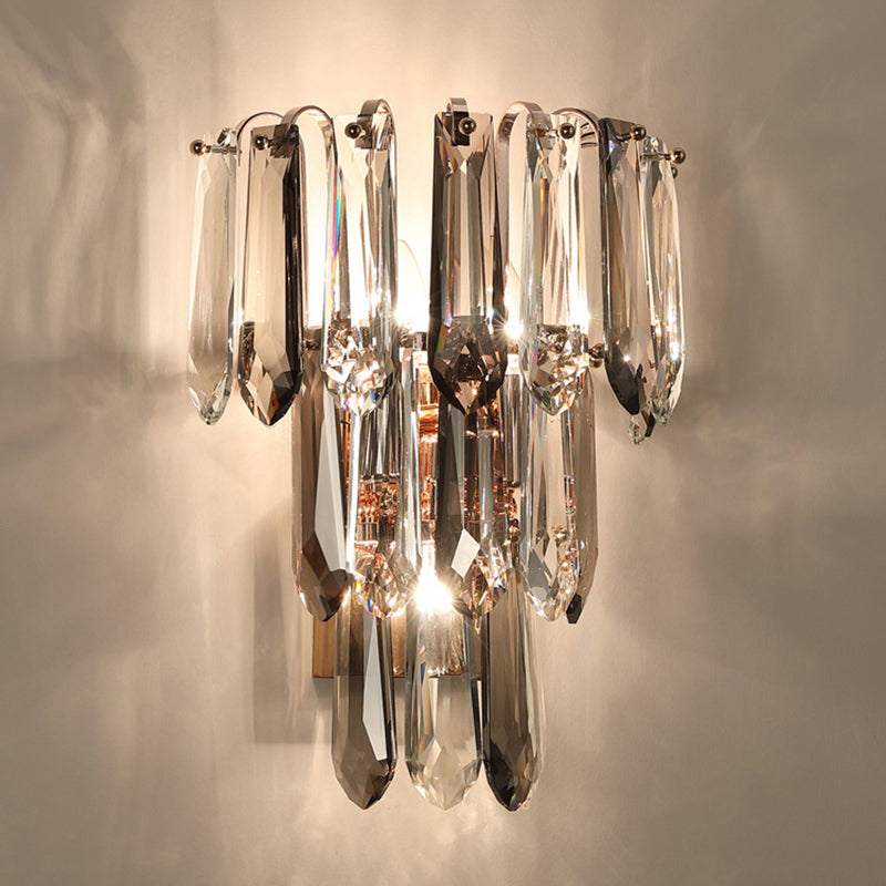Clear and Smoke Crystal Tiers Sconce Light Simplicity 3-Head Wall Mount Light for Hallway Clearhalo 'Cast Iron' 'Glass' 'Industrial' 'Modern wall lights' 'Modern' 'Tiffany' 'Traditional wall lights' 'Wall Lamps & Sconces' 'Wall Lights' Lighting' 2327316