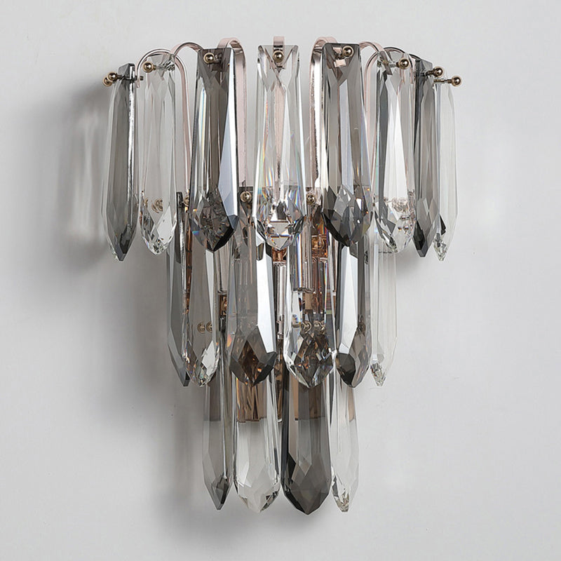 Clear and Smoke Crystal Tiers Sconce Light Simplicity 3-Head Wall Mount Light for Hallway Clearhalo 'Cast Iron' 'Glass' 'Industrial' 'Modern wall lights' 'Modern' 'Tiffany' 'Traditional wall lights' 'Wall Lamps & Sconces' 'Wall Lights' Lighting' 2327317