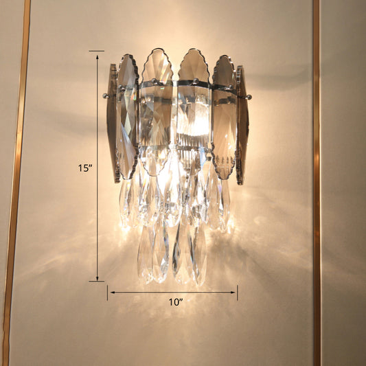 Layered Wall Lighting Fixture Modern K9 Crystal Droplet 2 Heads Foyer Sconce Light Smoke Gray Clearhalo 'Cast Iron' 'Glass' 'Industrial' 'Modern wall lights' 'Modern' 'Tiffany' 'Traditional wall lights' 'Wall Lamps & Sconces' 'Wall Lights' Lighting' 2327319