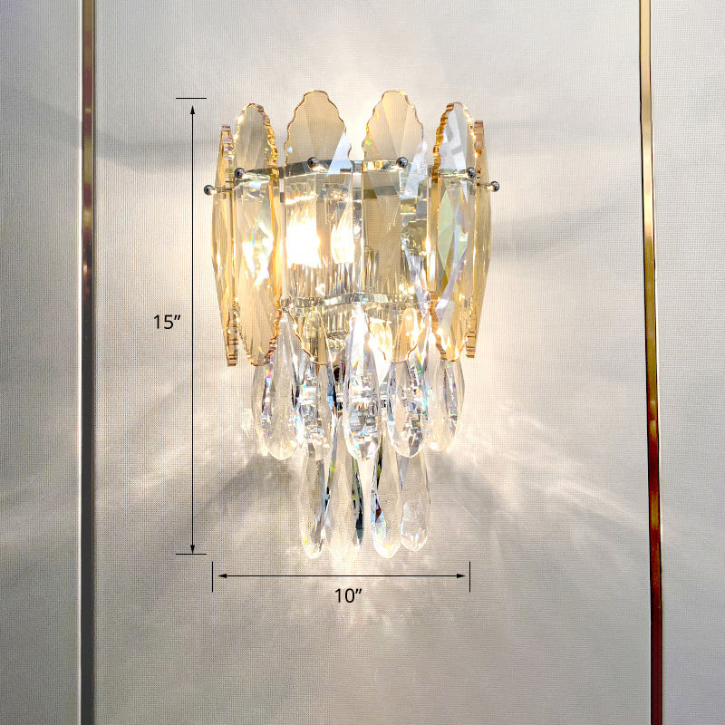 Layered Wall Lighting Fixture Modern K9 Crystal Droplet 2 Heads Foyer Sconce Light Champagne Clearhalo 'Cast Iron' 'Glass' 'Industrial' 'Modern wall lights' 'Modern' 'Tiffany' 'Traditional wall lights' 'Wall Lamps & Sconces' 'Wall Lights' Lighting' 2327320