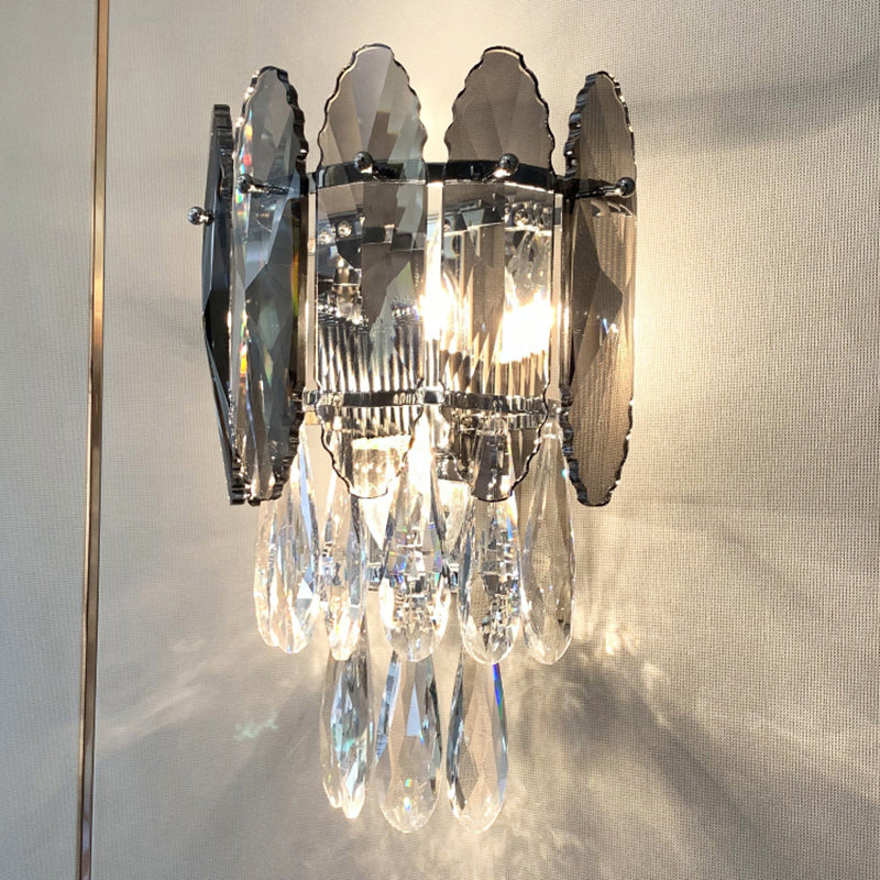Layered Wall Lighting Fixture Modern K9 Crystal Droplet 2 Heads Foyer Sconce Light Clearhalo 'Cast Iron' 'Glass' 'Industrial' 'Modern wall lights' 'Modern' 'Tiffany' 'Traditional wall lights' 'Wall Lamps & Sconces' 'Wall Lights' Lighting' 2327322