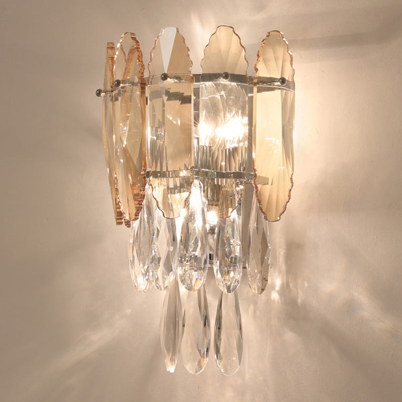 Layered Wall Lighting Fixture Modern K9 Crystal Droplet 2 Heads Foyer Sconce Light Clearhalo 'Cast Iron' 'Glass' 'Industrial' 'Modern wall lights' 'Modern' 'Tiffany' 'Traditional wall lights' 'Wall Lamps & Sconces' 'Wall Lights' Lighting' 2327323
