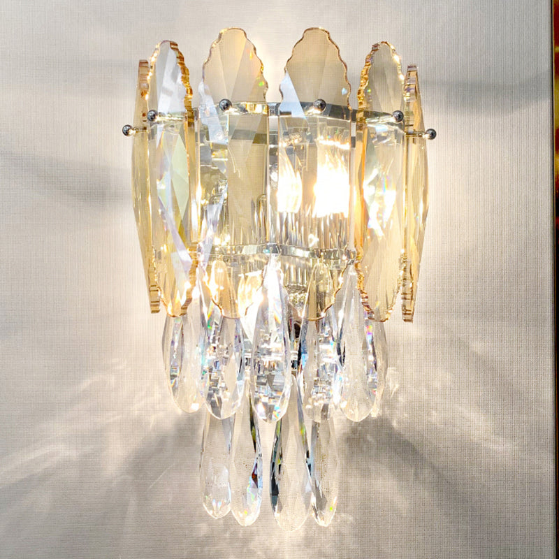 Layered Wall Lighting Fixture Modern K9 Crystal Droplet 2 Heads Foyer Sconce Light Clearhalo 'Cast Iron' 'Glass' 'Industrial' 'Modern wall lights' 'Modern' 'Tiffany' 'Traditional wall lights' 'Wall Lamps & Sconces' 'Wall Lights' Lighting' 2327324