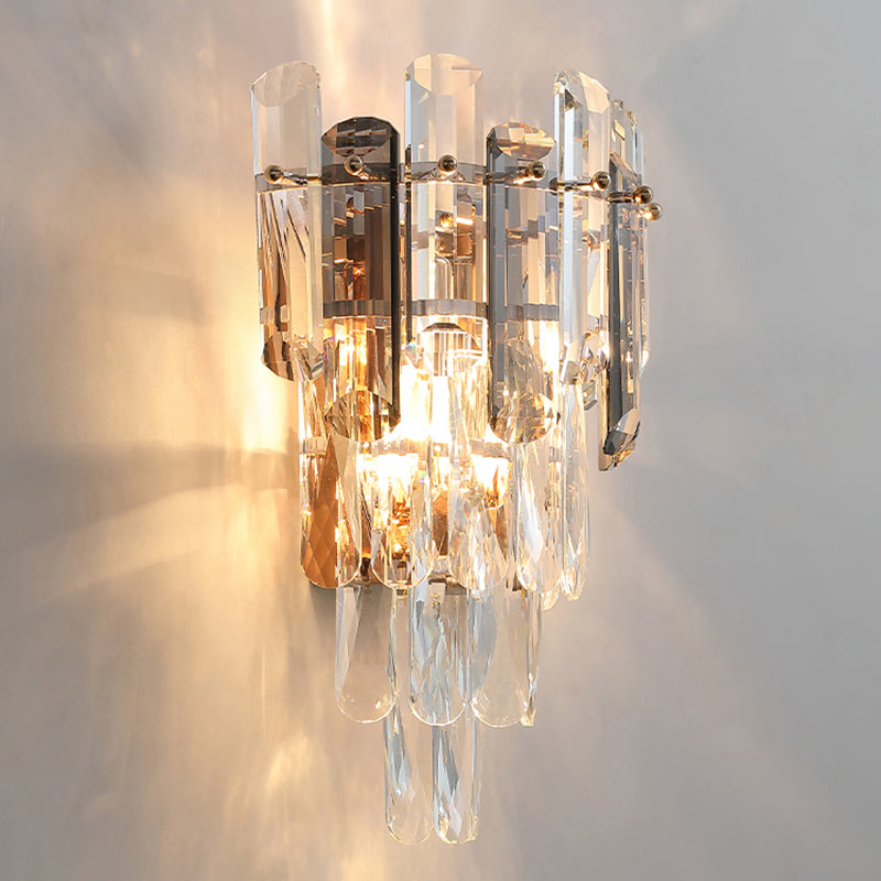 4-Tiered Restaurant Wall Sconce Light Beveled Crystal 2-Bulb Modern Wall Light Fixture Clearhalo 'Modern wall lights' 'Modern' 'Wall Lamps & Sconces' 'Wall Lights' Lighting' 2327325
