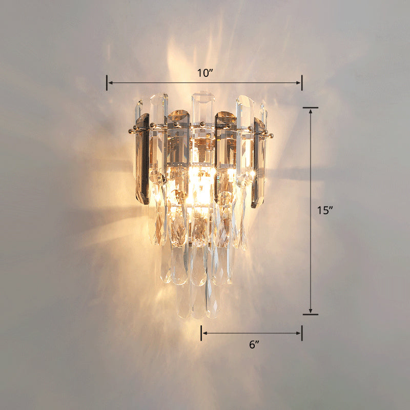 4-Tiered Restaurant Wall Sconce Light Beveled Crystal 2-Bulb Modern Wall Light Fixture Smoke Gray Clearhalo 'Modern wall lights' 'Modern' 'Wall Lamps & Sconces' 'Wall Lights' Lighting' 2327326