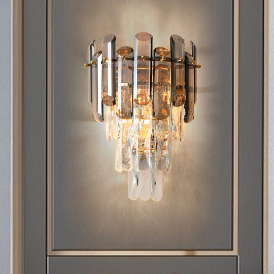 2-Light Bedroom Sconce Lamp Contemporary Wall Mounted Light with Tiered Crystal Shade Smoke Gray Clearhalo 'Cast Iron' 'Glass' 'Industrial' 'Modern wall lights' 'Modern' 'Tiffany' 'Traditional wall lights' 'Wall Lamps & Sconces' 'Wall Lights' Lighting' 2327332
