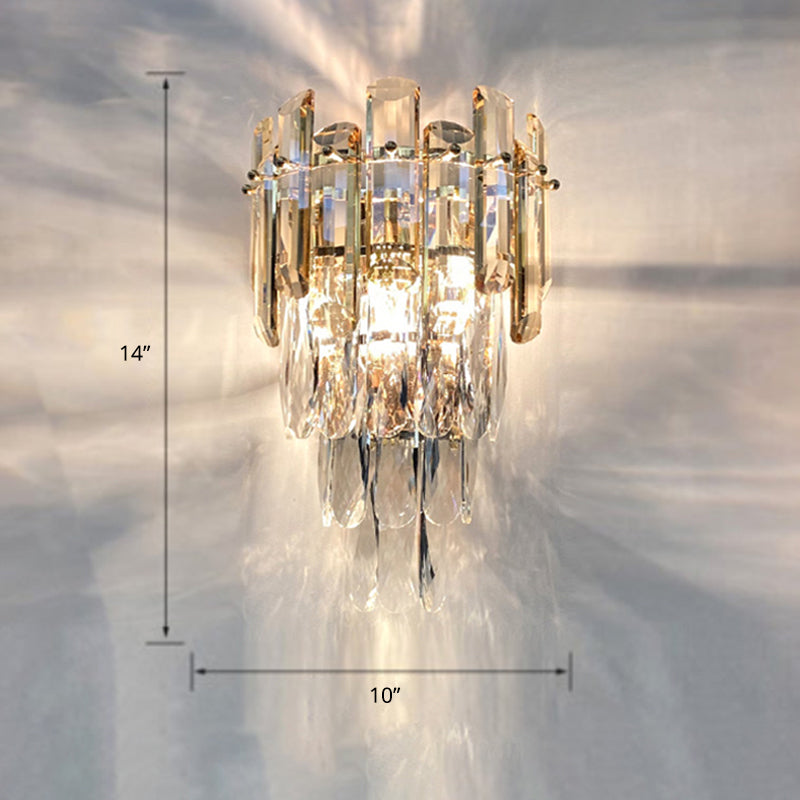 2-Light Bedroom Sconce Lamp Contemporary Wall Mounted Light with Tiered Crystal Shade Champagne Clearhalo 'Cast Iron' 'Glass' 'Industrial' 'Modern wall lights' 'Modern' 'Tiffany' 'Traditional wall lights' 'Wall Lamps & Sconces' 'Wall Lights' Lighting' 2327333