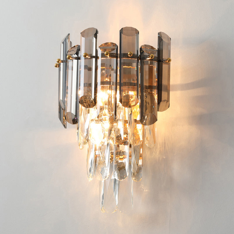 2-Light Bedroom Sconce Lamp Contemporary Wall Mounted Light with Tiered Crystal Shade Clearhalo 'Cast Iron' 'Glass' 'Industrial' 'Modern wall lights' 'Modern' 'Tiffany' 'Traditional wall lights' 'Wall Lamps & Sconces' 'Wall Lights' Lighting' 2327334