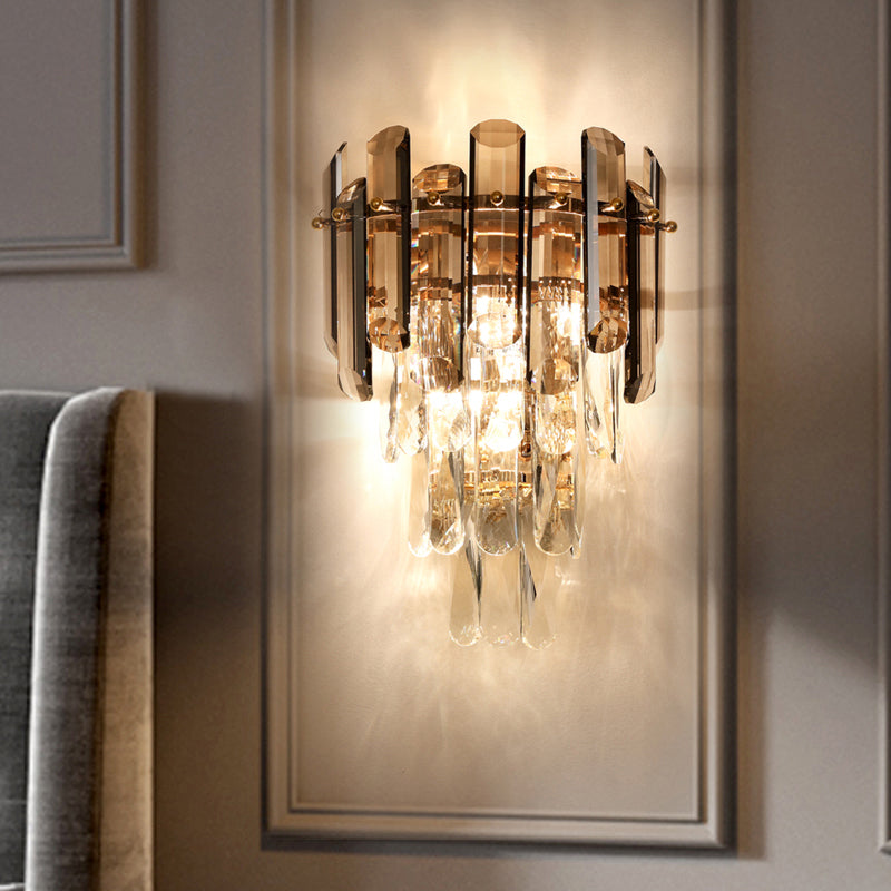 2-Light Bedroom Sconce Lamp Contemporary Wall Mounted Light with Tiered Crystal Shade Clearhalo 'Cast Iron' 'Glass' 'Industrial' 'Modern wall lights' 'Modern' 'Tiffany' 'Traditional wall lights' 'Wall Lamps & Sconces' 'Wall Lights' Lighting' 2327335