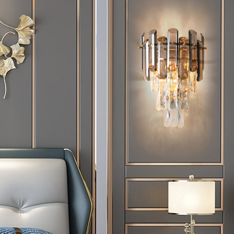 2-Light Bedroom Sconce Lamp Contemporary Wall Mounted Light with Tiered Crystal Shade Clearhalo 'Cast Iron' 'Glass' 'Industrial' 'Modern wall lights' 'Modern' 'Tiffany' 'Traditional wall lights' 'Wall Lamps & Sconces' 'Wall Lights' Lighting' 2327336