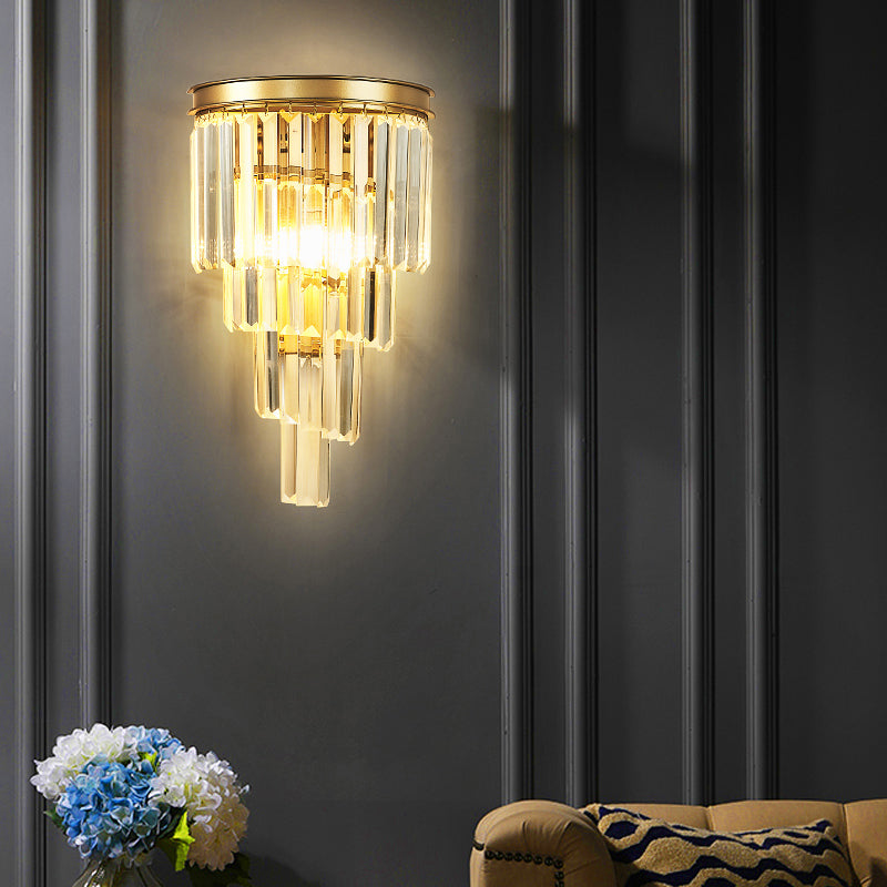 Crystal Tiered Tapered Sconce Fixture Minimalism 1 Head Gold Finish Wall Light for Living Room Gold Clearhalo 'Cast Iron' 'Glass' 'Industrial' 'Modern wall lights' 'Modern' 'Tiffany' 'Traditional wall lights' 'Wall Lamps & Sconces' 'Wall Lights' Lighting' 2327345