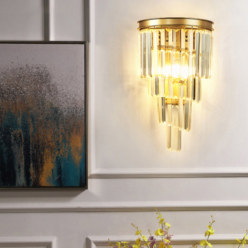 Crystal Tiered Tapered Sconce Fixture Minimalism 1 Head Gold Finish Wall Light for Living Room Clearhalo 'Cast Iron' 'Glass' 'Industrial' 'Modern wall lights' 'Modern' 'Tiffany' 'Traditional wall lights' 'Wall Lamps & Sconces' 'Wall Lights' Lighting' 2327346