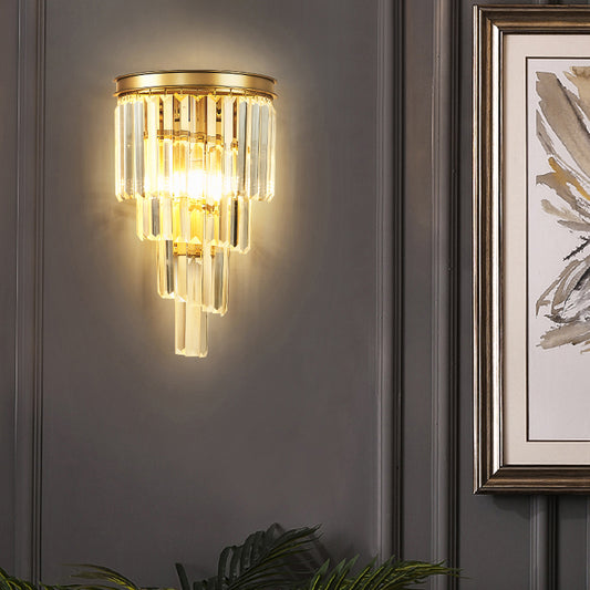 Crystal Tiered Tapered Sconce Fixture Minimalism 1 Head Gold Finish Wall Light for Living Room Clearhalo 'Cast Iron' 'Glass' 'Industrial' 'Modern wall lights' 'Modern' 'Tiffany' 'Traditional wall lights' 'Wall Lamps & Sconces' 'Wall Lights' Lighting' 2327347