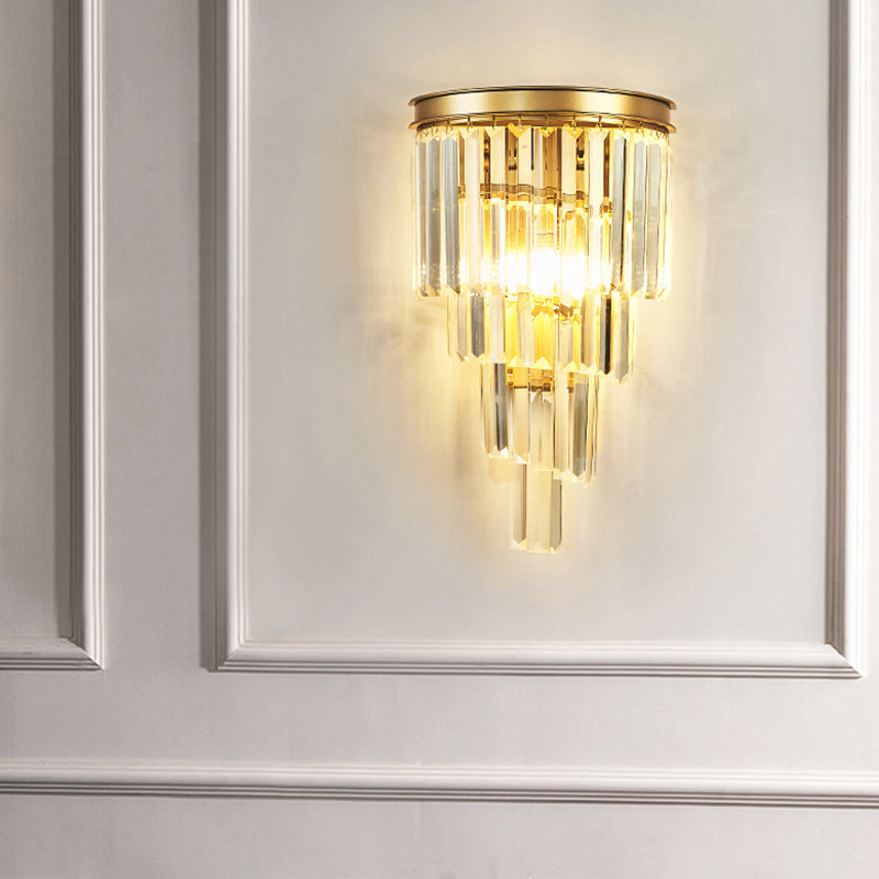 Crystal Tiered Tapered Sconce Fixture Minimalism 1 Head Gold Finish Wall Light for Living Room Clearhalo 'Cast Iron' 'Glass' 'Industrial' 'Modern wall lights' 'Modern' 'Tiffany' 'Traditional wall lights' 'Wall Lamps & Sconces' 'Wall Lights' Lighting' 2327348