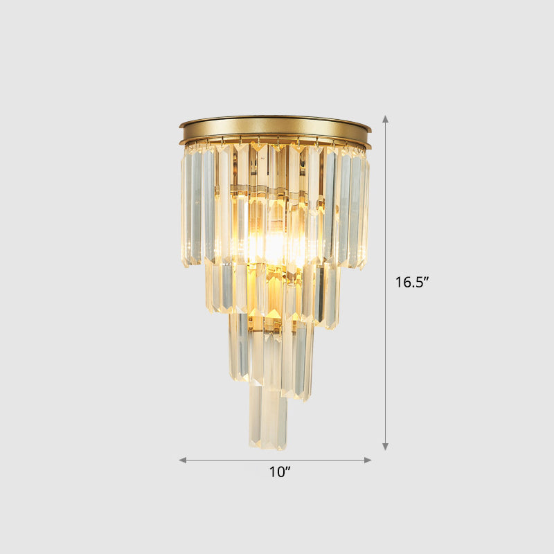 Crystal Tiered Tapered Sconce Fixture Minimalism 1 Head Gold Finish Wall Light for Living Room Clearhalo 'Cast Iron' 'Glass' 'Industrial' 'Modern wall lights' 'Modern' 'Tiffany' 'Traditional wall lights' 'Wall Lamps & Sconces' 'Wall Lights' Lighting' 2327349