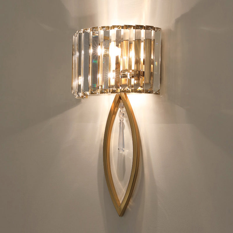 Arc Prismatic Crystal Sconce Light Modern 2-Bulb Gold Flush Mount Wall Light for Aisle Clearhalo 'Cast Iron' 'Glass' 'Industrial' 'Modern wall lights' 'Modern' 'Tiffany' 'Traditional wall lights' 'Wall Lamps & Sconces' 'Wall Lights' Lighting' 2327350