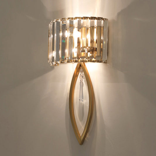 Arc Prismatic Crystal Sconce Light Modern 2-Bulb Gold Flush Mount Wall Light for Aisle Clearhalo 'Cast Iron' 'Glass' 'Industrial' 'Modern wall lights' 'Modern' 'Tiffany' 'Traditional wall lights' 'Wall Lamps & Sconces' 'Wall Lights' Lighting' 2327350