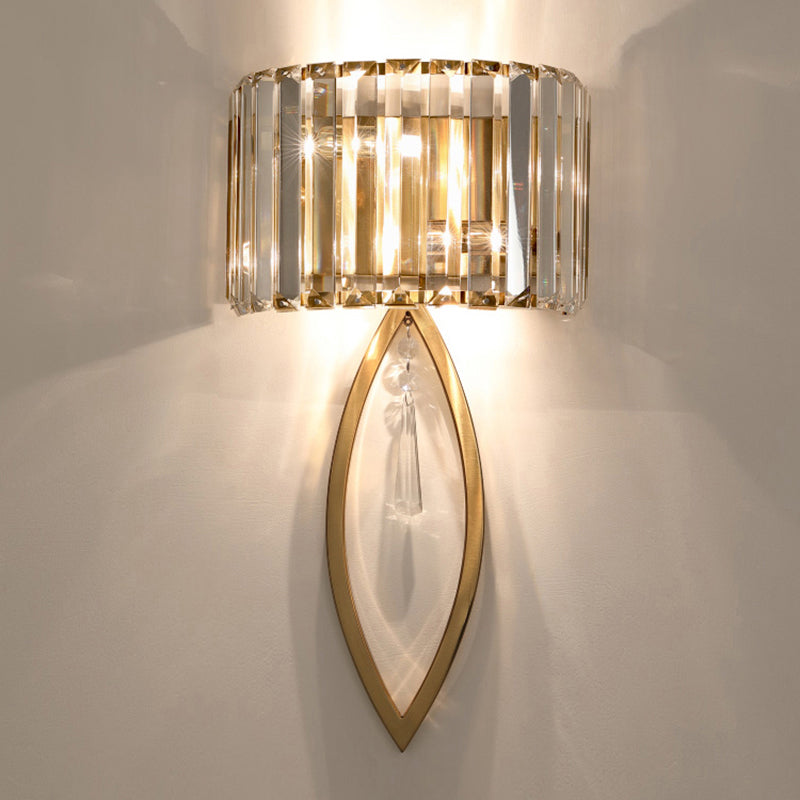 Arc Prismatic Crystal Sconce Light Modern 2-Bulb Gold Flush Mount Wall Light for Aisle Clearhalo 'Cast Iron' 'Glass' 'Industrial' 'Modern wall lights' 'Modern' 'Tiffany' 'Traditional wall lights' 'Wall Lamps & Sconces' 'Wall Lights' Lighting' 2327352