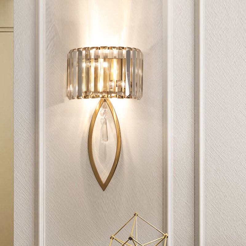 Arc Prismatic Crystal Sconce Light Modern 2-Bulb Gold Flush Mount Wall Light for Aisle Clearhalo 'Cast Iron' 'Glass' 'Industrial' 'Modern wall lights' 'Modern' 'Tiffany' 'Traditional wall lights' 'Wall Lamps & Sconces' 'Wall Lights' Lighting' 2327355