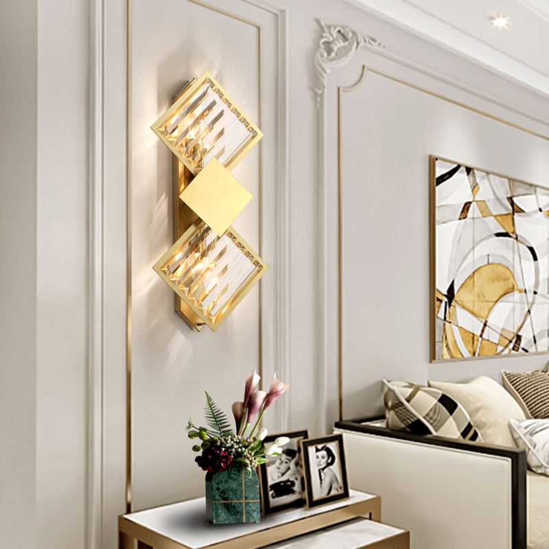 Brass Finish Rhombus Wall Light Minimalistic 2 Bulbs K9 Crystal Sconce Lamp for Living Room Brass Clearhalo 'Cast Iron' 'Glass' 'Industrial' 'Modern wall lights' 'Modern' 'Tiffany' 'Traditional wall lights' 'Wall Lamps & Sconces' 'Wall Lights' Lighting' 2327363