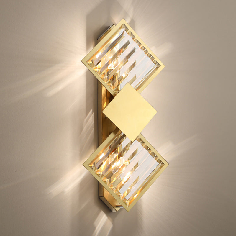 Brass Finish Rhombus Wall Light Minimalistic 2 Bulbs K9 Crystal Sconce Lamp for Living Room Clearhalo 'Cast Iron' 'Glass' 'Industrial' 'Modern wall lights' 'Modern' 'Tiffany' 'Traditional wall lights' 'Wall Lamps & Sconces' 'Wall Lights' Lighting' 2327364