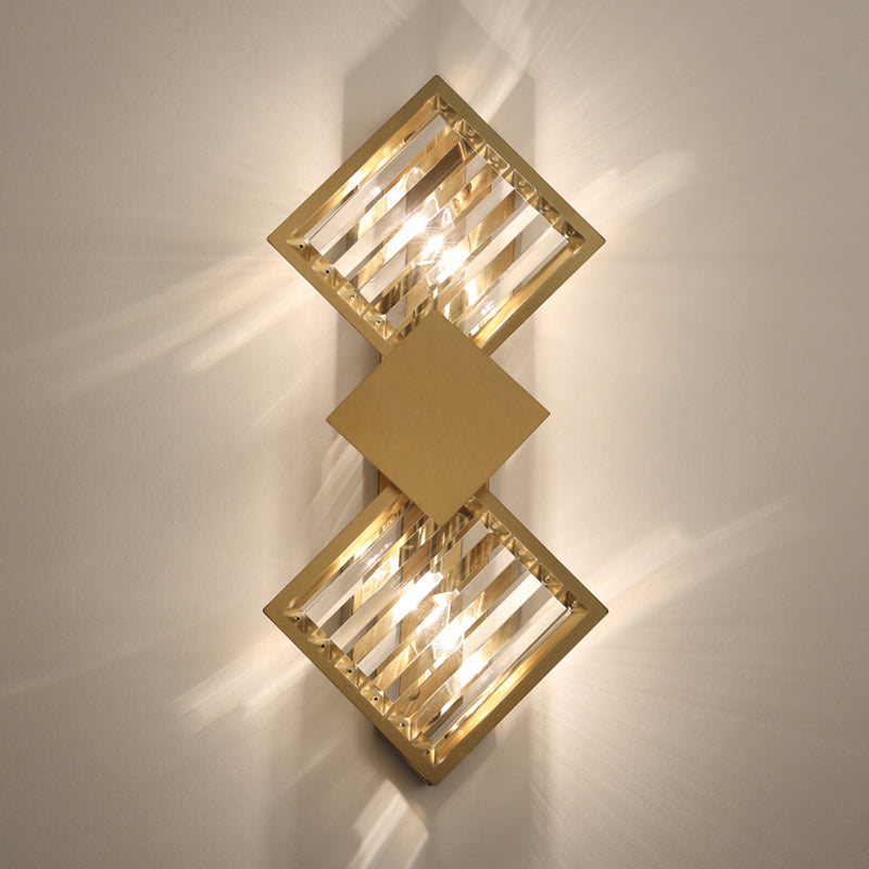 Brass Finish Rhombus Wall Light Minimalistic 2 Bulbs K9 Crystal Sconce Lamp for Living Room Clearhalo 'Cast Iron' 'Glass' 'Industrial' 'Modern wall lights' 'Modern' 'Tiffany' 'Traditional wall lights' 'Wall Lamps & Sconces' 'Wall Lights' Lighting' 2327365