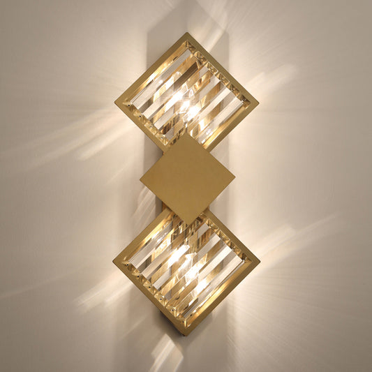 Brass Finish Rhombus Wall Light Minimalistic 2 Bulbs K9 Crystal Sconce Lamp for Living Room Clearhalo 'Cast Iron' 'Glass' 'Industrial' 'Modern wall lights' 'Modern' 'Tiffany' 'Traditional wall lights' 'Wall Lamps & Sconces' 'Wall Lights' Lighting' 2327365