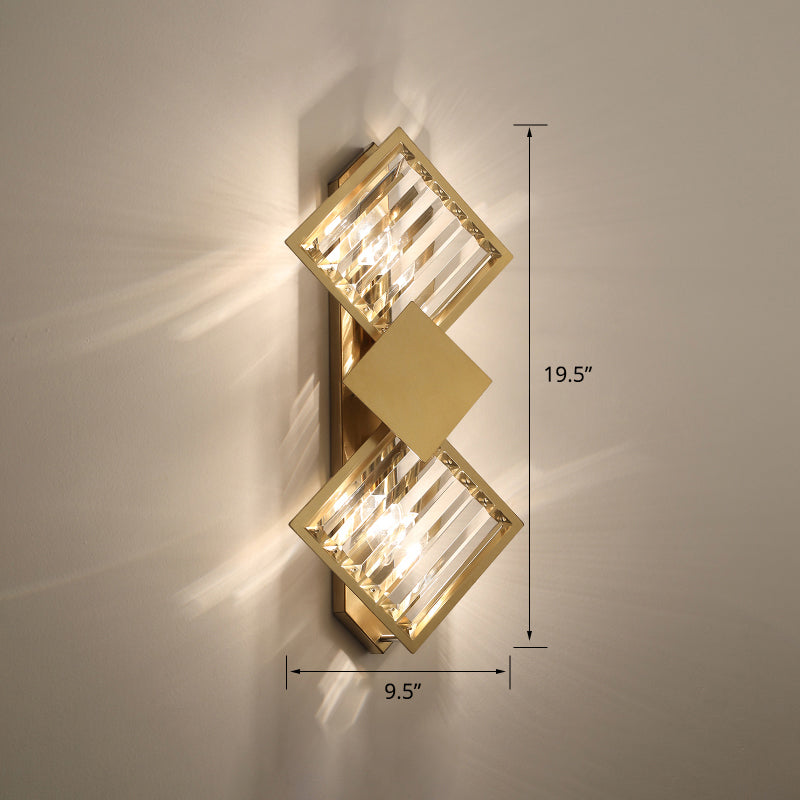Brass Finish Rhombus Wall Light Minimalistic 2 Bulbs K9 Crystal Sconce Lamp for Living Room Clearhalo 'Cast Iron' 'Glass' 'Industrial' 'Modern wall lights' 'Modern' 'Tiffany' 'Traditional wall lights' 'Wall Lamps & Sconces' 'Wall Lights' Lighting' 2327366