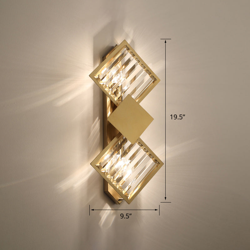Brass Finish Rhombus Wall Light Minimalistic 2 Bulbs K9 Crystal Sconce Lamp for Living Room Clearhalo 'Cast Iron' 'Glass' 'Industrial' 'Modern wall lights' 'Modern' 'Tiffany' 'Traditional wall lights' 'Wall Lamps & Sconces' 'Wall Lights' Lighting' 2327366