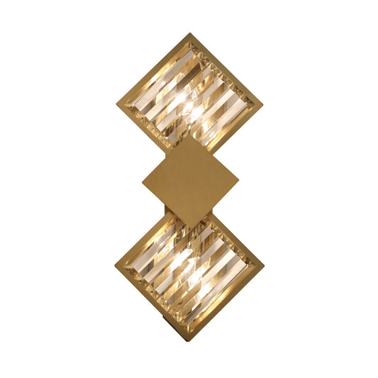 Brass Finish Rhombus Wall Light Minimalistic 2 Bulbs K9 Crystal Sconce Lamp for Living Room Clearhalo 'Cast Iron' 'Glass' 'Industrial' 'Modern wall lights' 'Modern' 'Tiffany' 'Traditional wall lights' 'Wall Lamps & Sconces' 'Wall Lights' Lighting' 2327367
