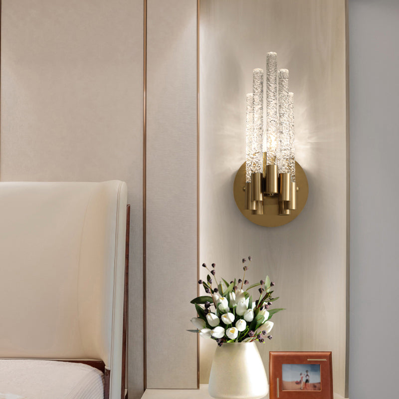 Tubular Sconce Lighting Simple Style Clear Rippled Crystal 2-Head Bedroom Wall Light in Brass Clearhalo 'Cast Iron' 'Glass' 'Industrial' 'Modern wall lights' 'Modern' 'Tiffany' 'Traditional wall lights' 'Wall Lamps & Sconces' 'Wall Lights' Lighting' 2327368