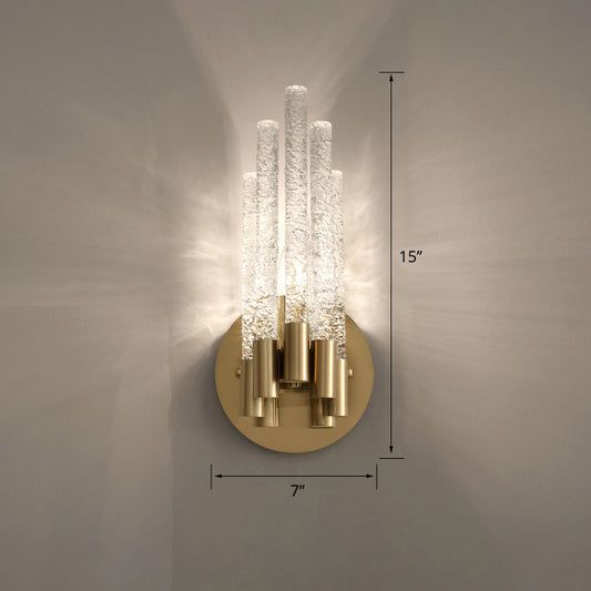 Tubular Sconce Lighting Simple Style Clear Rippled Crystal 2-Head Bedroom Wall Light in Brass Clear 15.5" Clearhalo 'Cast Iron' 'Glass' 'Industrial' 'Modern wall lights' 'Modern' 'Tiffany' 'Traditional wall lights' 'Wall Lamps & Sconces' 'Wall Lights' Lighting' 2327369