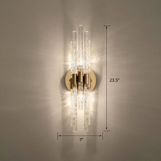 Tubular Sconce Lighting Simple Style Clear Rippled Crystal 2-Head Bedroom Wall Light in Brass Clear 23.5" Clearhalo 'Cast Iron' 'Glass' 'Industrial' 'Modern wall lights' 'Modern' 'Tiffany' 'Traditional wall lights' 'Wall Lamps & Sconces' 'Wall Lights' Lighting' 2327370