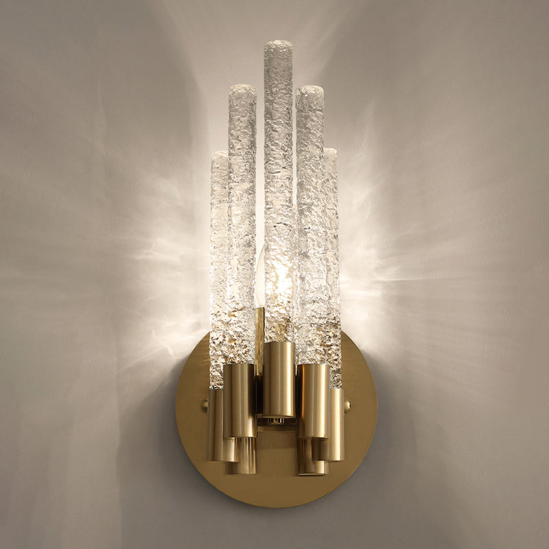 Tubular Sconce Lighting Simple Style Clear Rippled Crystal 2-Head Bedroom Wall Light in Brass Clearhalo 'Cast Iron' 'Glass' 'Industrial' 'Modern wall lights' 'Modern' 'Tiffany' 'Traditional wall lights' 'Wall Lamps & Sconces' 'Wall Lights' Lighting' 2327371