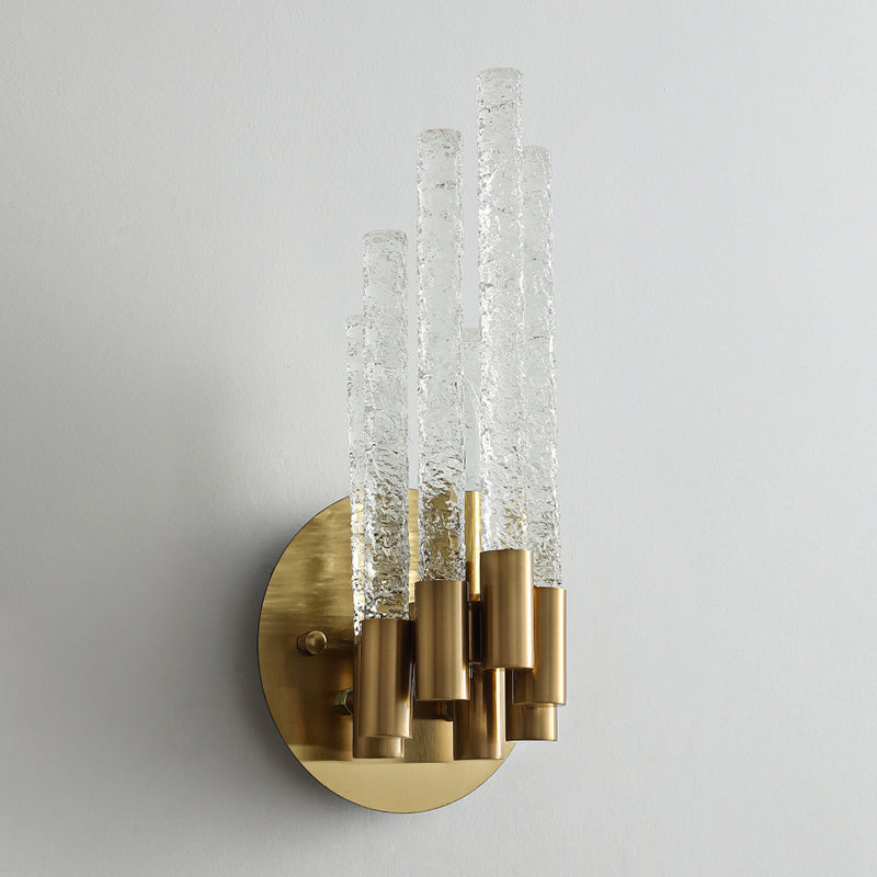 Tubular Sconce Lighting Simple Style Clear Rippled Crystal 2-Head Bedroom Wall Light in Brass Clearhalo 'Cast Iron' 'Glass' 'Industrial' 'Modern wall lights' 'Modern' 'Tiffany' 'Traditional wall lights' 'Wall Lamps & Sconces' 'Wall Lights' Lighting' 2327372