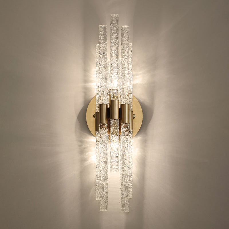Tubular Sconce Lighting Simple Style Clear Rippled Crystal 2-Head Bedroom Wall Light in Brass Clearhalo 'Cast Iron' 'Glass' 'Industrial' 'Modern wall lights' 'Modern' 'Tiffany' 'Traditional wall lights' 'Wall Lamps & Sconces' 'Wall Lights' Lighting' 2327373