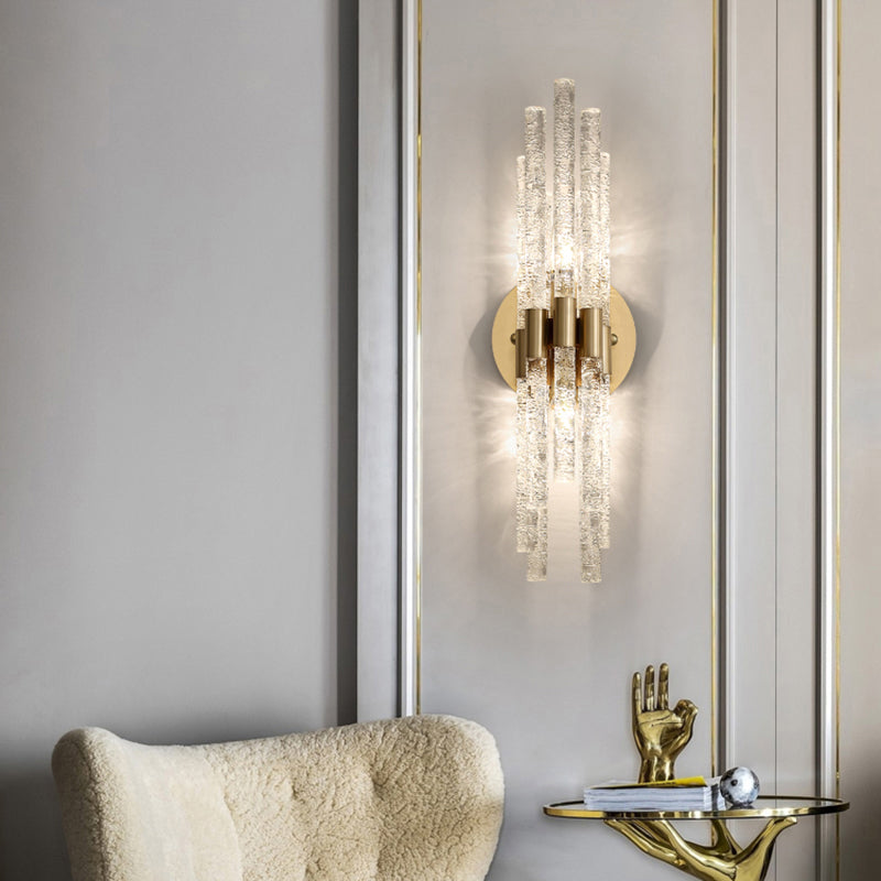 Tubular Sconce Lighting Simple Style Clear Rippled Crystal 2-Head Bedroom Wall Light in Brass Clearhalo 'Cast Iron' 'Glass' 'Industrial' 'Modern wall lights' 'Modern' 'Tiffany' 'Traditional wall lights' 'Wall Lamps & Sconces' 'Wall Lights' Lighting' 2327374