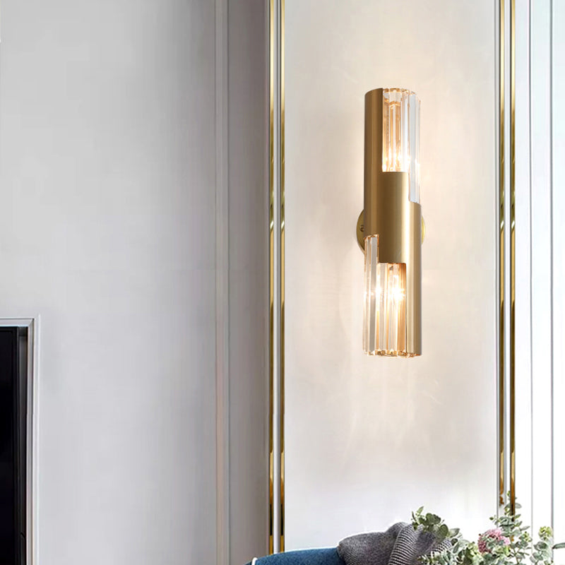 Pole Shaped Living Room Wall Sconce K9 Crystal 2-Bulb Minimalist Wall Mount Lamp in Gold Clearhalo 'Cast Iron' 'Glass' 'Industrial' 'Modern wall lights' 'Modern' 'Tiffany' 'Traditional wall lights' 'Wall Lamps & Sconces' 'Wall Lights' Lighting' 2327375